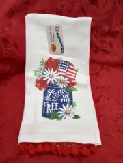 New Cracker Barrel Land of the Free Tea Towel Cream with Red Pom Fringe