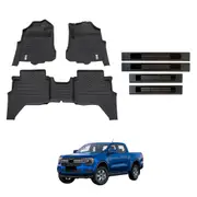 Car Floor Mats + Black Door Sill Protector for Ford Ranger Dual Cab Next-Gen 2022-Onwards