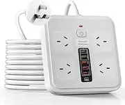 [LELYFIT] Powerboard USB, 10IN1 Power Strip USB C, Power Board Surge Protector with 4-Outlets, 1.8 Meter Power Extension Cord with 1-USBC & 5-USB 2500W Surge Protection, Wall Mountable, for Home Office
