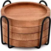 Acacia Wood round Coasters Set of 4 with Iron Holder for Drinks, Tabletop Protec