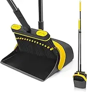 JEHONN Broom and Dust Pan, 138 cm Long Handle Swivel Brush, Upright Foldable Dustpan with Comb Teeth for Home Kitchen Lobby Indoor Floor Cleaning (Black & Yellow)