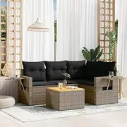 5 Piece Garden Sofa Set with Cushions - Grey Poly Rattan Outdoor Furniture, Patio Chairs & Table, Modular Design, PE Rattan Balcony Bistro, Comfortable & Durable with Acacia Wood Top