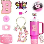 6PCS Cup Accessories Set for Stanley Cup 30oz 40oz,Tumbler Initials Decorations for Stanley,Including Silicone Straw Cover Cap and Boot,Spill Proof Stopper,Handle Charm,Sticker (Letter B)