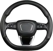 Cxtiy D Shaped Steering Wheel Cover, Genuine Leather Flat Bottom Stearing Wheel Cover Luxury Car Accessories 14 1/2-15 inch (Black)