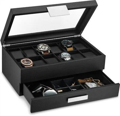12 Slot Watch Box & Valet Drawer Watch Case for Men - Display Jewelry Organizer