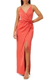 Aidan Mattox V-Neck Sleeveless Draped Front Slit Front Solid Zipper Back Satin