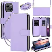 GoshukunTech for iPhone 14 Plus Case Wallet Leather, for iPhone 15 Plus Flip Case Wallet Cover Kickstand Zipper Purse 9 Card Holder with Wristlet Strap Crossbody Lanyard-Purple