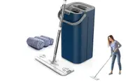 Flat Floor Mop And Bucket Set With 4 Washable Microfiber Pads-Blue