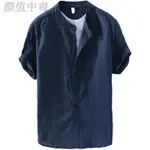 JAZZ男士短袖襯衫  大尺碼立領襯衫 寬鬆復古薄透氣百搭亞麻寸衣 深藍棉麻簡約日系休閒襯衫