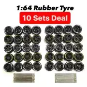 【10 Sets】1:64 JDM Custom Rims & Long Axles – Rubber Tires for Hot Wheels Tomica
