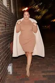 Camel Knit Dress Long Sleeve Midi Round Neck Tie Front