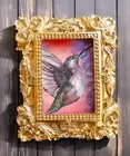 Hummingbird watercolor miniature art print in gold vintage style ornate frame