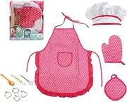 [Manwetye] 11 PCS Apron for Little Kids Cooking Baking Set Chef Hat Mitt & Utensil for Toddler Dress Up Chef Costume Role Play (Pink)