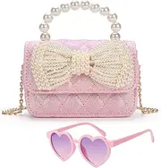 [LJCTULY] Kids Purses for Girl Age 2-14 - Toddler Crossbody Bag with Sunglasses - Birthday Gifts for Girls, Pink, Small, Stylish Pearl Bow Design