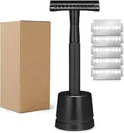 Vtrem Men's Double Edge Safety Razor: Black Reusable Shaving Razor for Men and Women with 5 Double Edge Safety Razor Blade Set