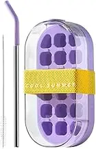 Ice Cube Bottle, 2 in 1 Touch-Free Ice Cube Tray Water Bottle with Lid and Bin, Cool Summer Ice Bottle Cup, Easy Press to Release Vertical Ice Cube Tray for Coffee, Juice(Purple)