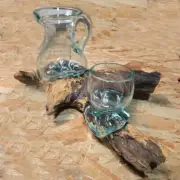 Pitcher & Glass Set Made of Melted Glass on Teak Driftwood Decorative Art Bali
