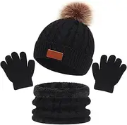 [SKHAOVS] 3 Pieces Black Kids Winter Warm Set Kids Beanie Scarf Gloves Set 3 in 1 Thicken Fleece Thermal Winter Neck Warmer Knitted Hat Kids Pom Pom Bobble Hat for Aged 1-5 Boys Girls