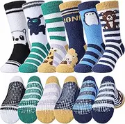 [LINEMIN] Kids Boys Toddlers Fuzzy Socks with Grips Cute Fun Animal Cozy Fluffy Winter Warm Non Slip Crew Socks 6 Pairs