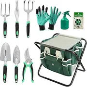 Garden Tools Set 11 Piece Gardening Tools Kit with Folding Stool for Women & Men, Garden Tools Set with 6 Hand Tools, Garden Storage Tote, Watering Pot,Garden Gloves and Garden Twist Tie