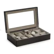 BEY-BERK Matte Black Wood 6-Watch and Four Pocket Watch Storage Box with Glass