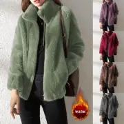 Women Winter Soft Fleece Fluffy Coat Warm Zip up Stand-up Collar Jacket Overcoat