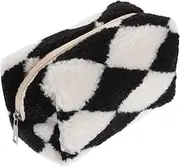 Happyyami Fluffy Checkered Makeup Bag Stylish Zipper Pouch for Cosmetics and Pens Travel Friendly Plush Storage Organizer for Women Versatile Utility Bag for Everyday Essentials