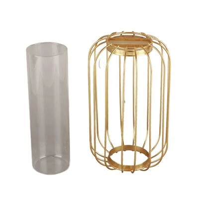 (Champagne Gold)Nordic Lantern Shaped Wrought Iron Vase Glass Iron Tabletop US