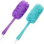 Back Scrubber Brush Long Handle for Shower, Loofah On a Stick Sponge Back Brush, Body Exfoliator Scrubber Bath Brush for Men Women, Exfoliating Cleaning Back Scrubber for Elderly (2 Pack-Green+Purple)