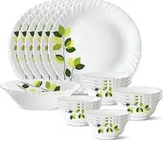Larah by Borosil Green Leaves Silk Series Opalware Dinner Set | 19 Pieces for Family of 6 | Microwave & Dishwasher Safe | Bone-Ash Free | Crockery Set for Dining & Gifting | Plates & Bowls | White