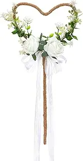 Flower Girl Wand - Magic Floral Wand with Heart and Ribbon for Woodland Wedding or Bridal Shower, White
