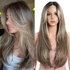 Layered Synthetic Lace Front Wig for Women with Curtain Bangs 24 inch Highlig...