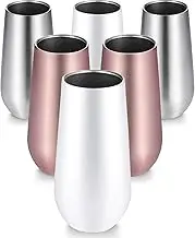 6 Pieces Stemless Champagne Flutes Double-Insulated Champagne Tumbler with Lips, 6 OZ Stainless Steel Unbreakable Cocktail Cups for Coffee Wine Glass Tumbler 2 Rose Gold, 2 White, 2 Silver
