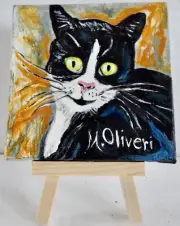 Acrylic Painting on Canvas Tuxedo Cat by Artist Marilyn Oliveri 4"x4"