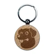 Cartoon Dog Labrador Retriever Engraved Wood Round Keychain Tag Charm
