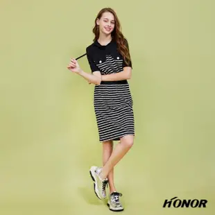 【HONOR 山形屋】彈性連帽鈕釦寬版收腰條紋洋裝