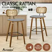 ALFORDSON 4x Bar Stools Kitchen Vintage Fabric Seat Rattan Chair Wooden Grey