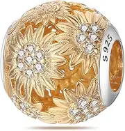 [Generic] M&S Gold Sunflower Sun Charm Gold Flower Pave Charm Bead Pendant, 925 Sterling Silver Dangle Charm, Compatible With Pandora & European Bracelet �, Metal