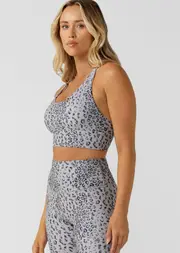 [Lorna Jane] Wild Leopard Longline Sports Bra in Grey, Size - Small S Grey Scale Leopard Print