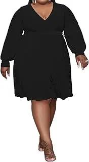 [IyMoo] Women’s Plus Size Cute Shift Dress Belted Ruffle Wrap V Neck Swing Tunic Mini Dress