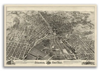 Bird's Eye View 1874 Syracuse New York Vintage City Map - 16x24