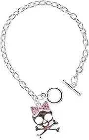 [Accessoriesforever] Halloween Costume Jewelry Crystal Rhinestone Charming Skull Bracelet B406 Pink