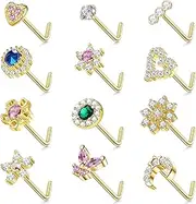 [JeryWe] 12Pcs Nose Studs 20g Nose Stud L Shaped Diamond CZ Nose Rings Stud for Women Surgical Steel Nose Rings Nose Screw Nose Piercing Stud Butterfly Heart Flower Nostril Jewelry Silver Rose Gold