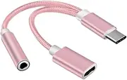 Generic USB C to 3.5mm Headphone Adapter and Charger Charging Cable Converter Listening to Music Splitter Cable Replaces Spare Parts, Pink