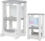 Kids Kitchen Step Stool with Whiteboard, Toddler Tower with 4 Adjustable Heights & Safety Rail, Baby Children Learning Stool Toddler Kitchen Stool Helper for Bathroom Sink Kitchen Counter