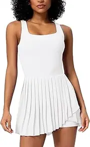 [ABOCIW] Tennis Dress for Women Square Neck Pleated Athletic Dress with Built-in Shorts & Bra Workout Golf Exercise Dress, White, Medium