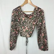 NWT Lelis Women's Floral Print Long Sleeve Criss-Cross Open Back Crop Top Medium
