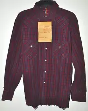 Coogi Pearl Snap Front Shirt Red Plaid Long Sleeve Raw Edge Hem Sz Medium NWT