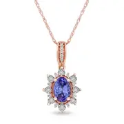 Oval Tanzanite and 0.07 CT. T.W. Natural Diamond Sunburst Frame Antique Vintage-Style Drop Pendant in 10K Rose Gold