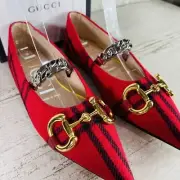 GUCCI Size 35 EU/US 5 Horsebit Check Wool Point Toe Ballet Flats Red/Black NWT